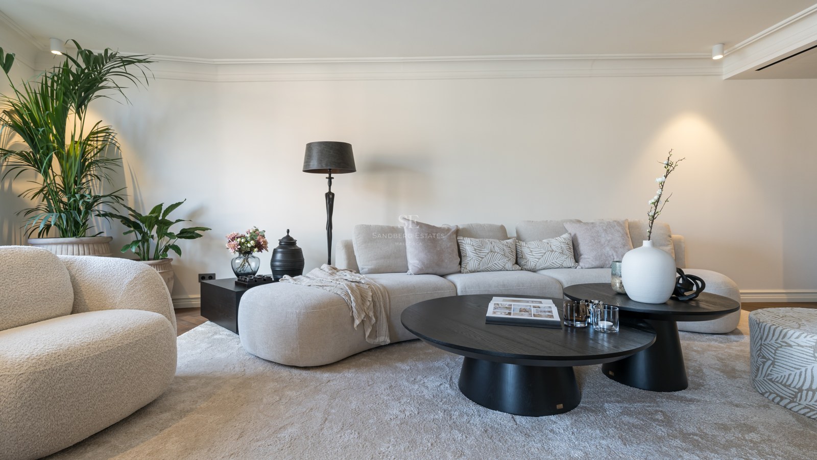 Salón moderno con sofá curvo beige, mesas de centro negras y alfombra mullida en una estancia luminosa y neutra.