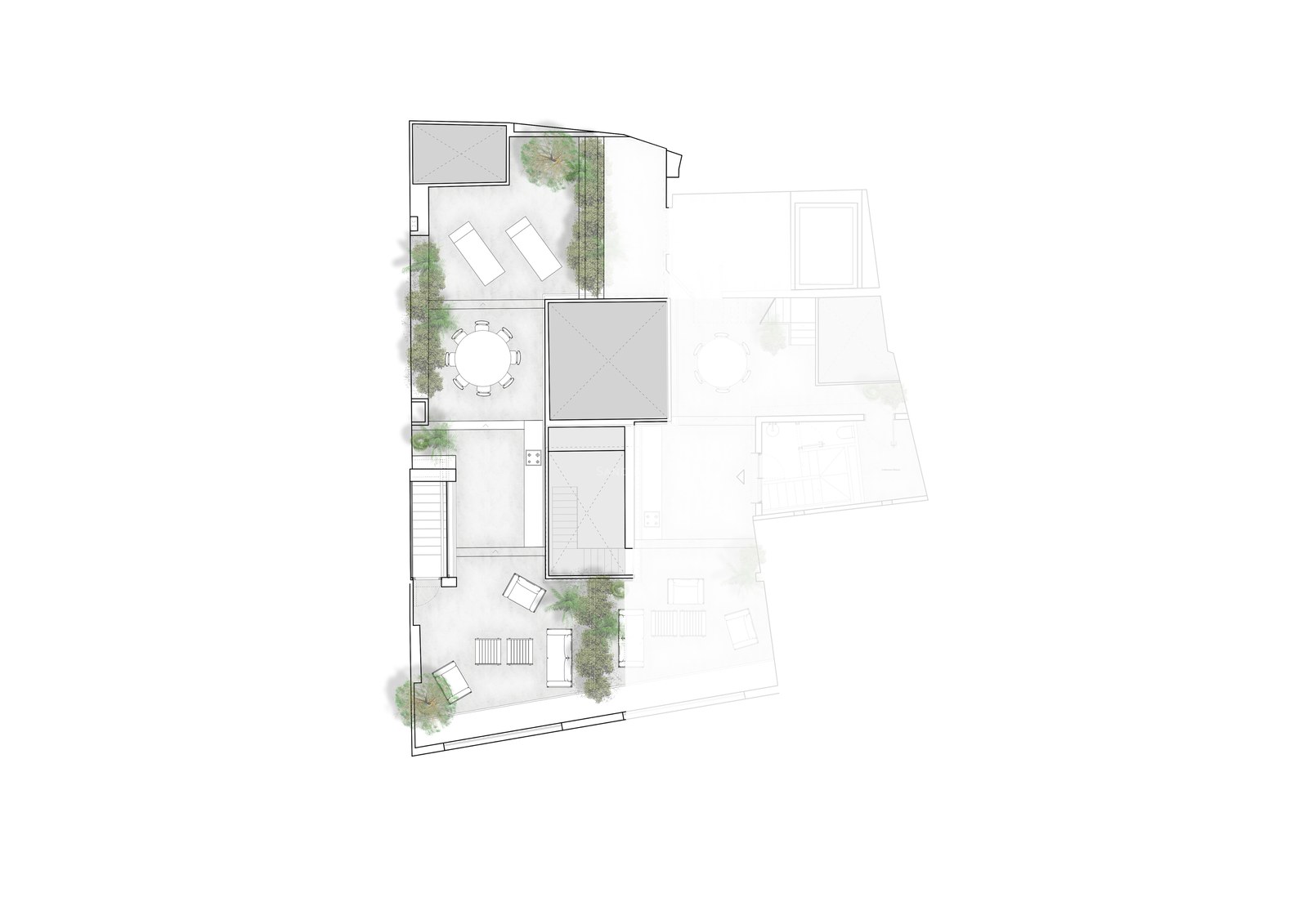 Architectural top-down floor plan of a multi-level terrace with dining area, sunbeds, and landscaping.