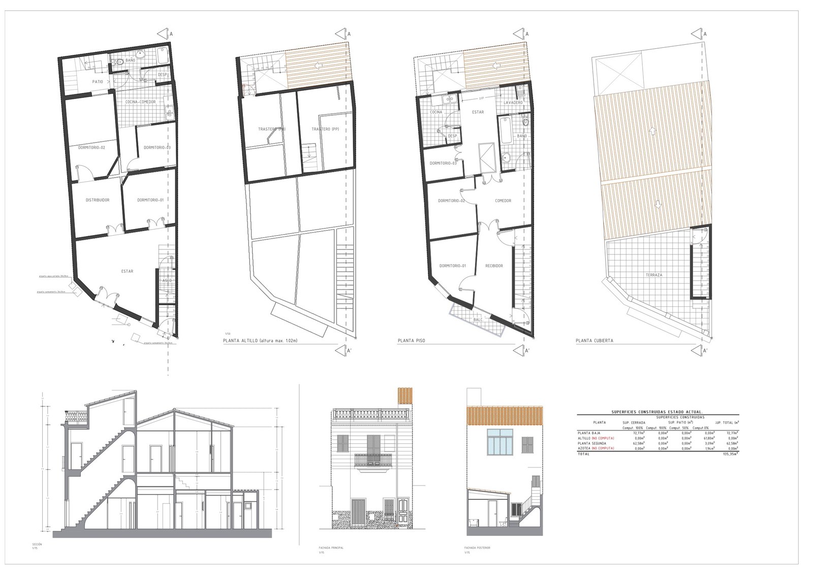 Detailed architectural drawings of a Mediterranean home showing four levels, cross-sections, and facade elevations.