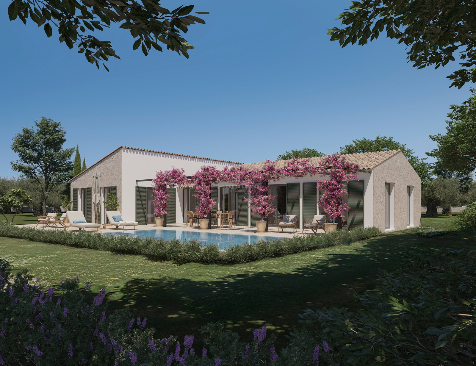 Moderne Villa mit türkisfarbenem Pool, üppigem Garten und rosa Bougainvillea an einer Pergola.