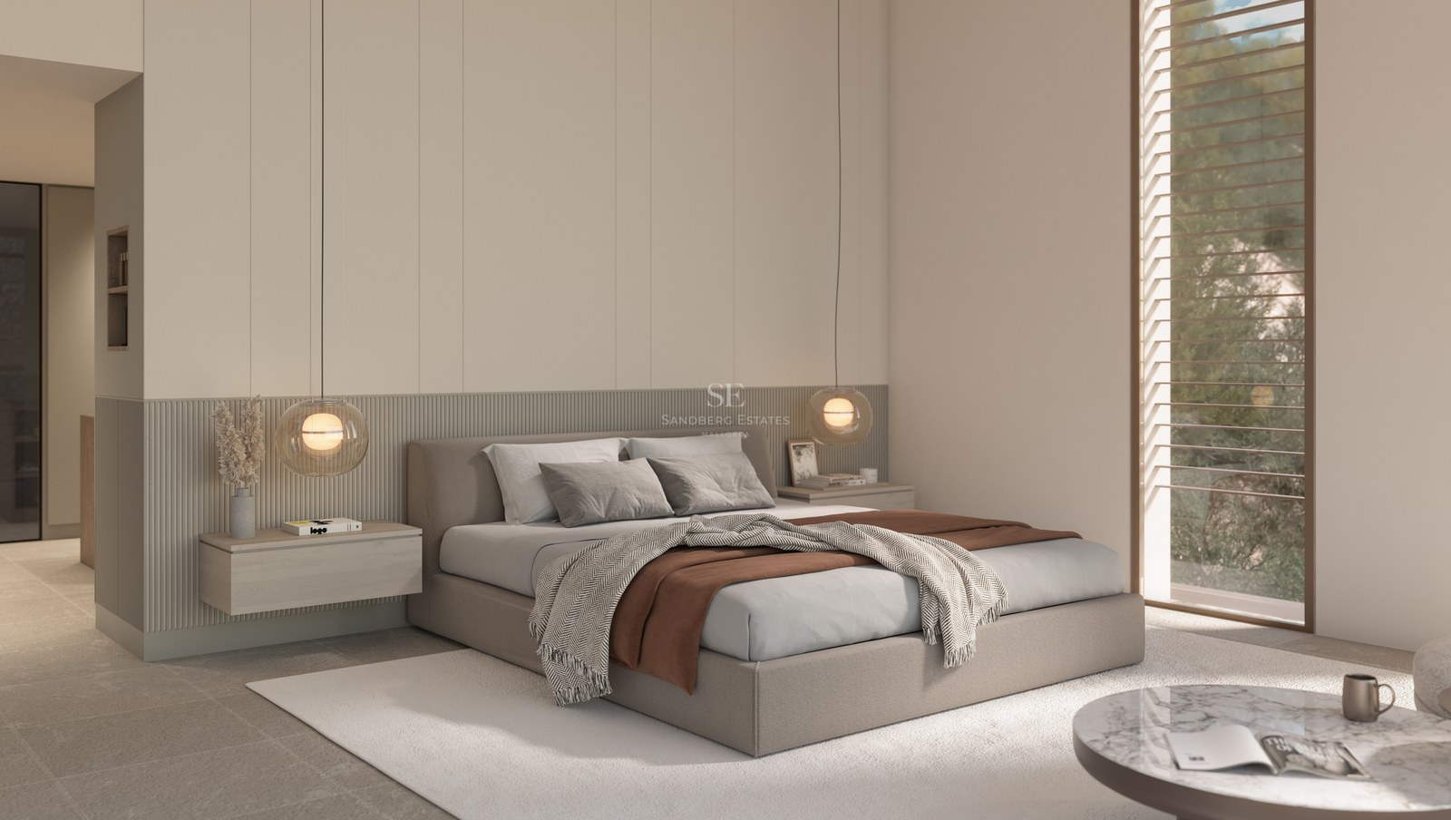 Minimalist master bedroom with a large bed, floating nightstands, globe pendant lights, and a textured slatted accent wall.