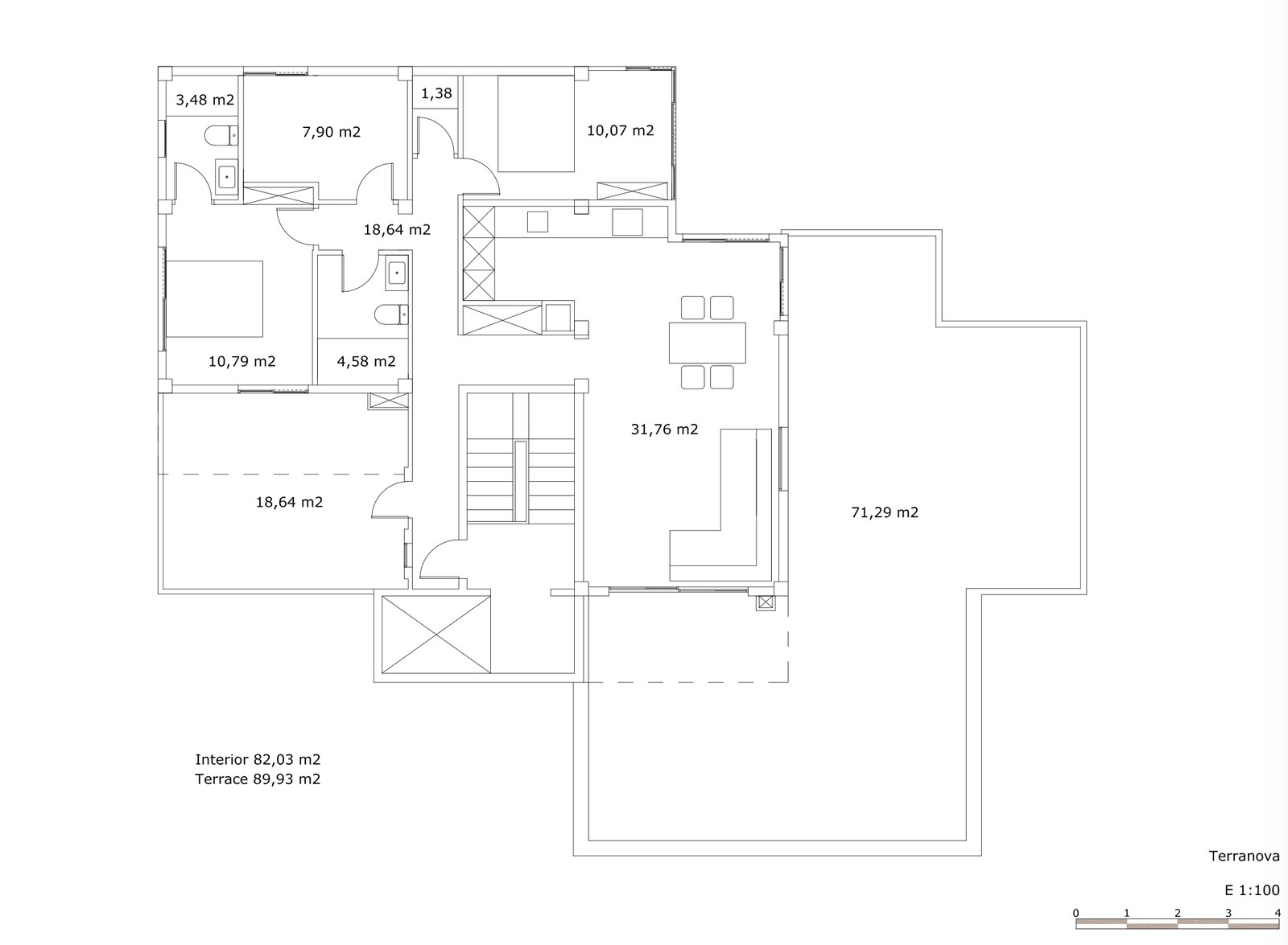 Plan architectural 2D d'un appartement de 2 chambres avec séjour de 31m2 et grande terrasse de 71m2.