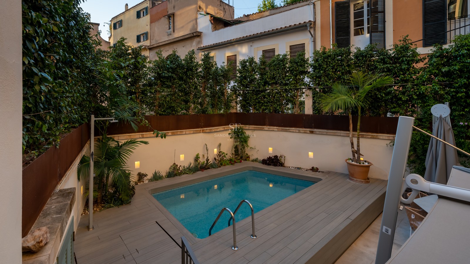 Petite piscine rectangulaire dans une cour avec un deck en bois, entourée de hautes haies vertes et d'appliques murales.