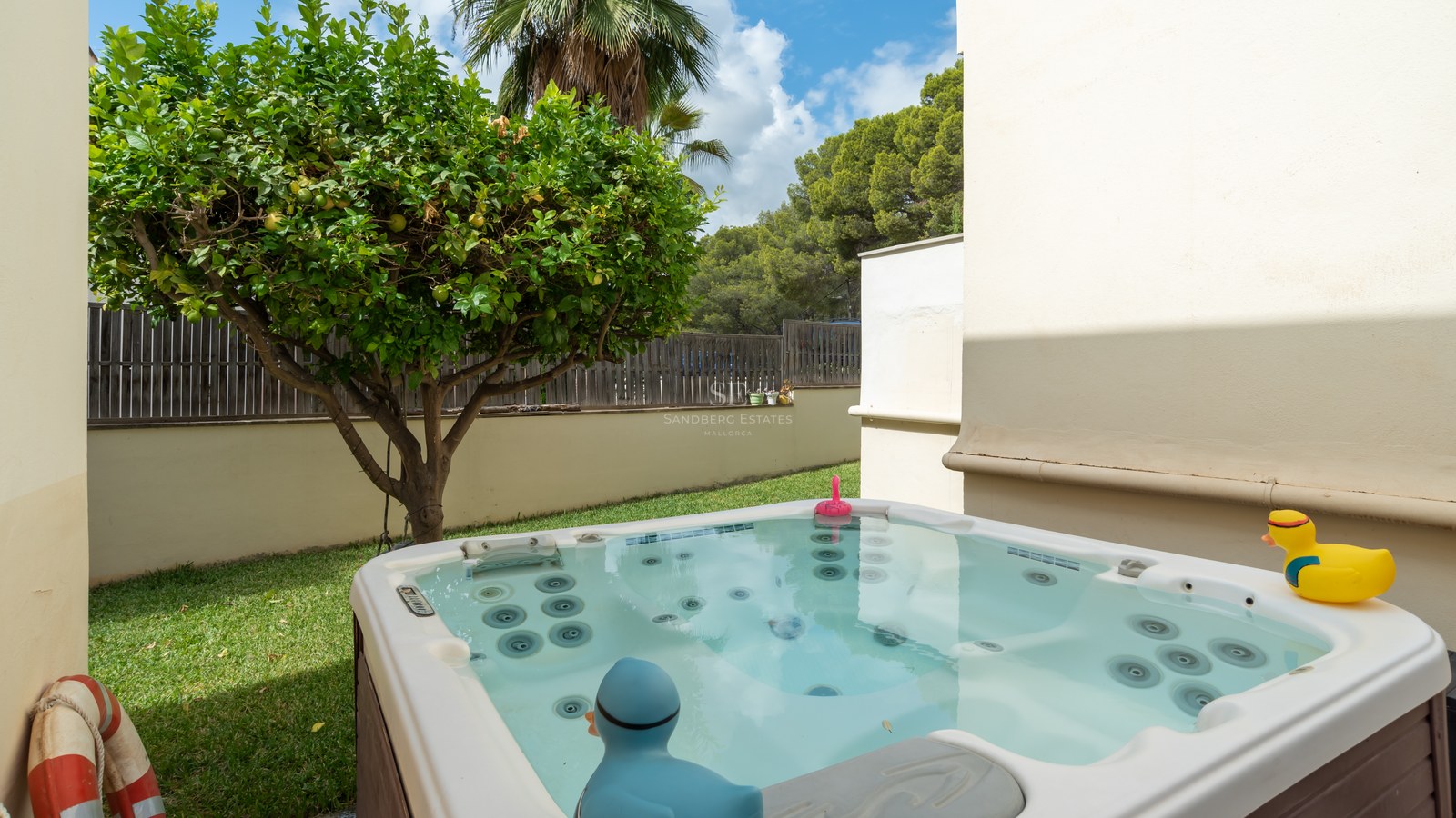 Un jacuzzi exterior moderno en un entorno de jardín privado junto a un limonero y una pared blanca.