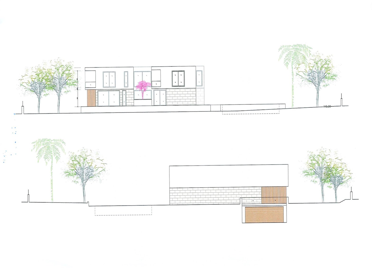 Arkitektoniska skisser som visar fram- och sidoelevationer av ett modernt tvåvåningshus.