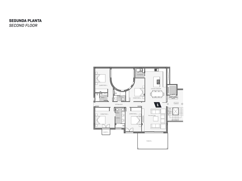 Plan technique du deuxième étage montrant quatre chambres, un salon ouvert et une terrasse spacieuse.