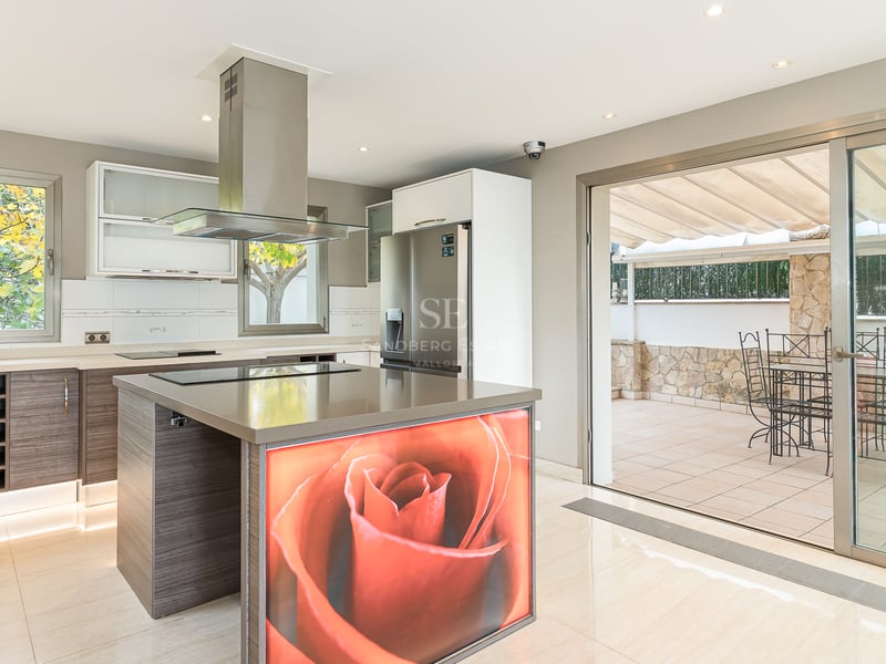 Cuisine moderne avec un îlot décoré d'une rose rouge, appareils en inox et accès direct au patio.