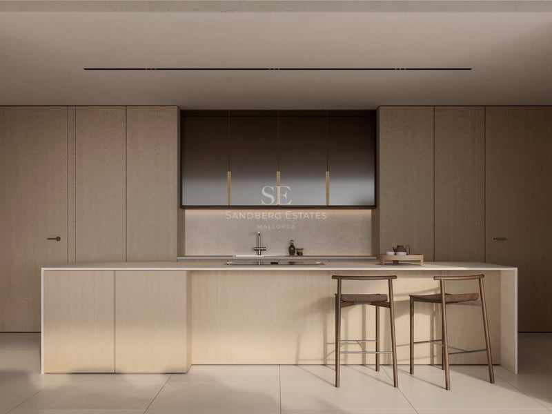 Cuisine moderne minimaliste avec îlot en bois clair, rangements intégrés et tabourets en bois élégants.