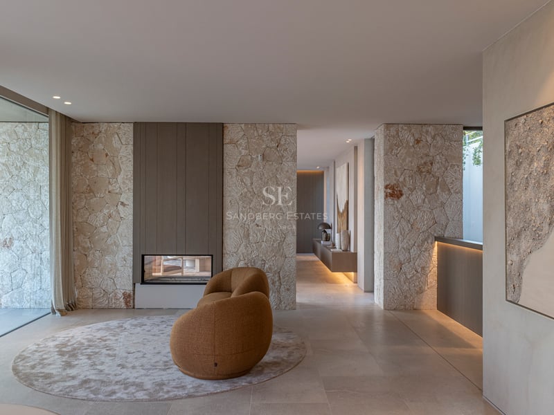 Espace de vie moderne avec cheminée double face en pierre, fauteuil incurvé et grandes baies vitrées.