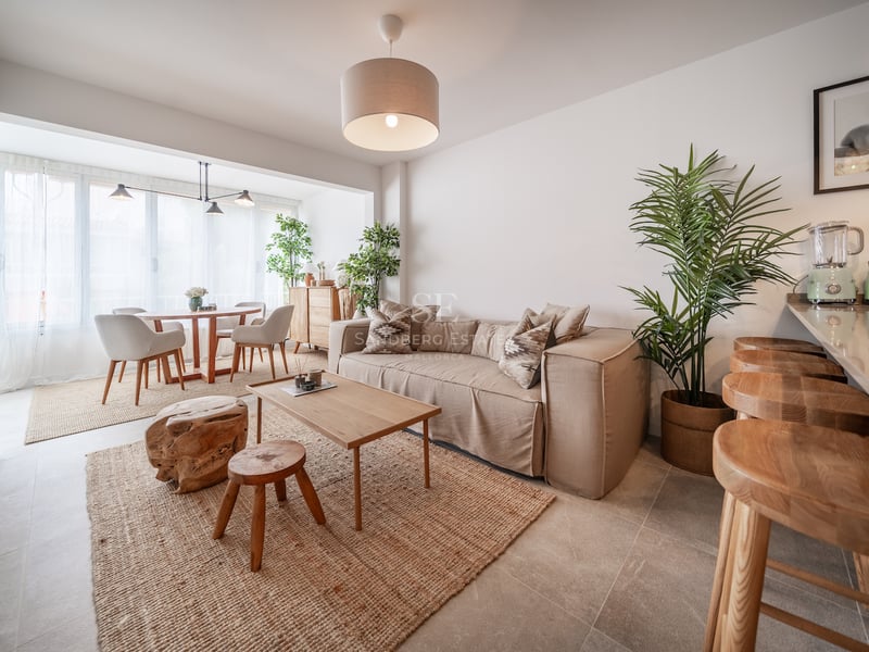 Salon moderne avec canapé beige, tapis en jute, table basse en bois et plantes d'intérieur.