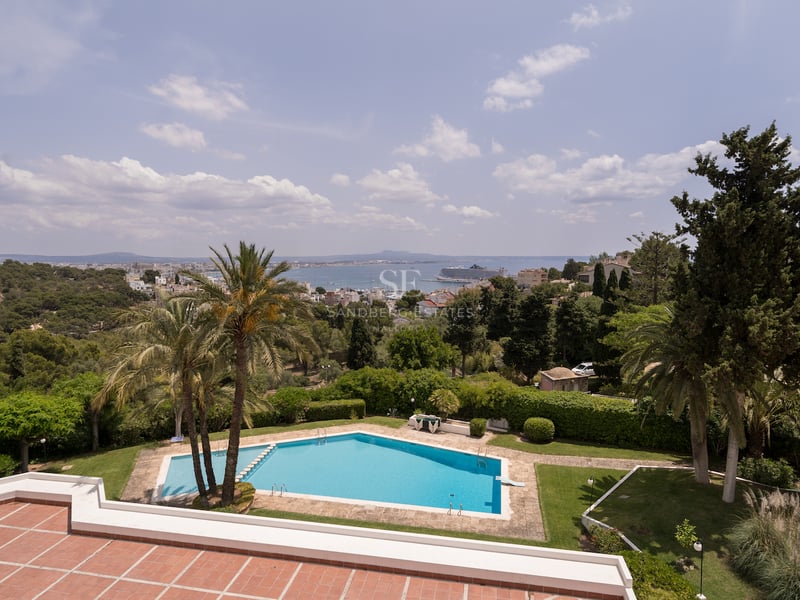 Vue en hauteur d'une piscine bleue entourée de jardins et de palmiers avec la mer en arrière-plan.