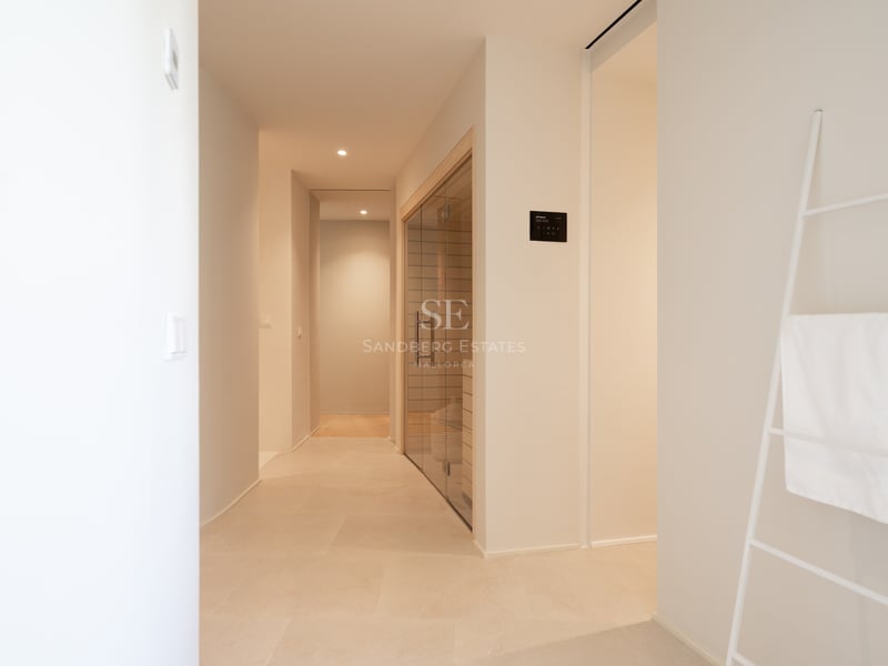 Couloir blanc minimaliste avec sauna privé doté de parois en verre et d'un intérieur en bois clair.