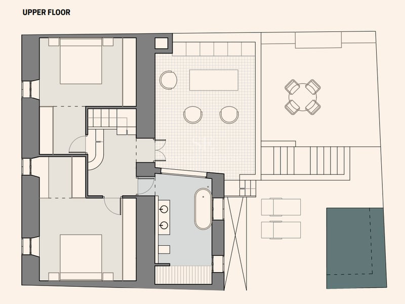Plan architectural de l'étage supérieur présentant deux chambres, une salle de bain principale et une terrasse avec piscine.