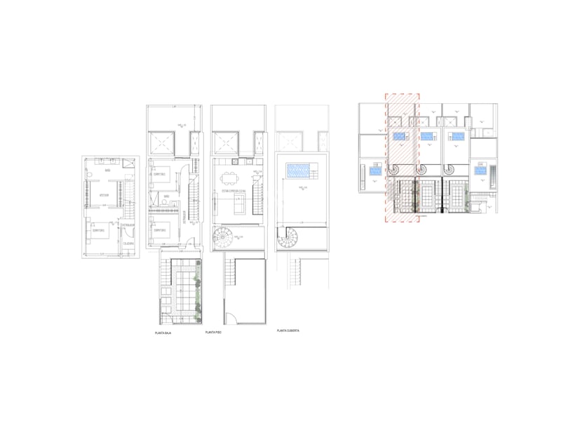Technische Zeichnung von Erdgeschoss, Obergeschoss und Dachterrasse mit privatem Pool.