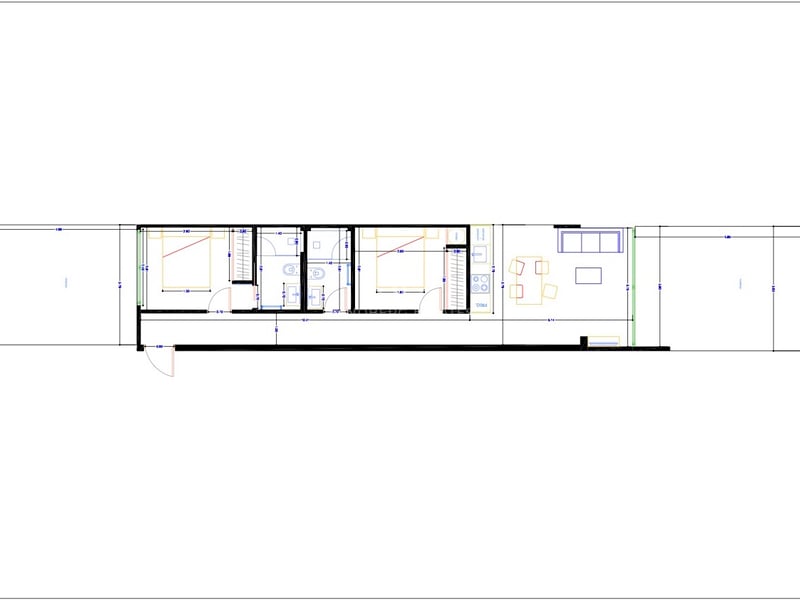 Plan technique 2D d'un appartement moderne avec deux chambres, deux salles de bains et deux terrasses.