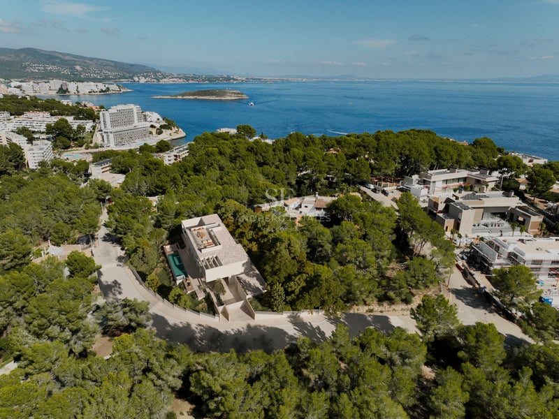 Vue aérienne d'une villa moderne avec piscine, entourée d'une pinède surplombant la mer Méditerranée.