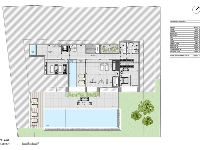 Plan d'architecte du sous-sol d'une villa de luxe comprenant un cinéma, une salle de sport, un spa et une piscine.