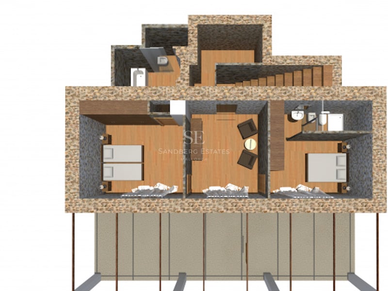 Plan 3D montrant deux chambres, un coin salon, deux salles de bains et une grande terrasse avec murs en pierre.