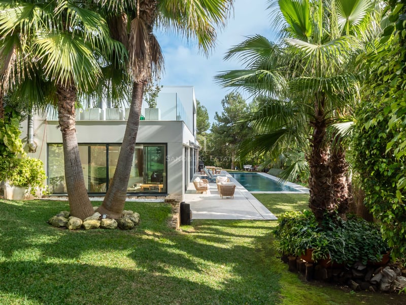 Jardin verdoyant avec palmiers menant à une villa blanche moderne et une piscine sous un ciel bleu.