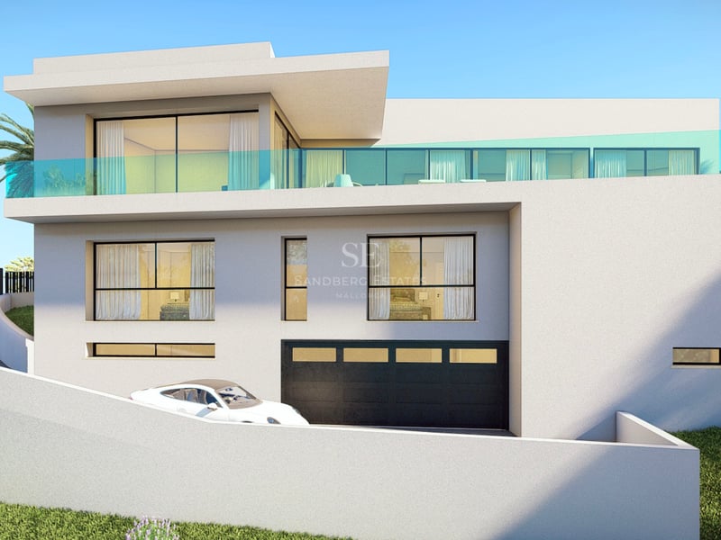 Façade d'une villa blanche moderne avec balustrades en verre et garage intégré sous un ciel bleu.