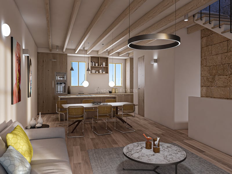 Zeitgenössisches Wohnzimmer mit Sichtholzbalken, Marmorcouchtisch und einer Natursteinwand neben der Treppe.