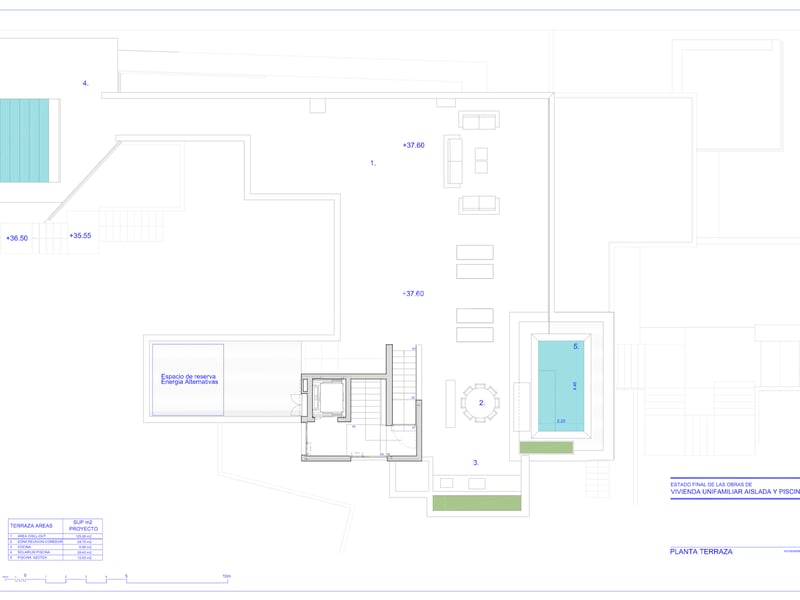 Plan d'architecte d'une terrasse sur le toit montrant une piscine, un espace chill-out et une cuisine extérieure.