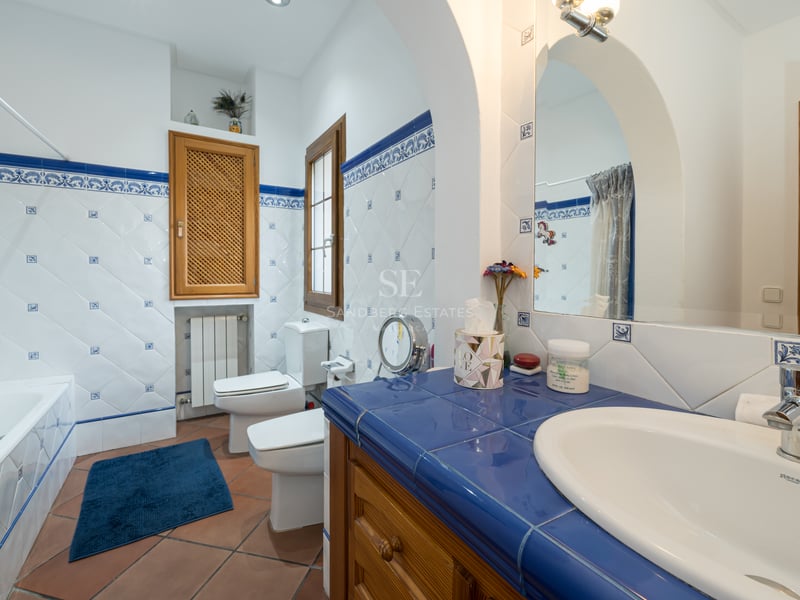 Salle de bains avec carrelage décoratif bleu et blanc, sol en terre cuite, meuble en bois et sanitaires blancs.