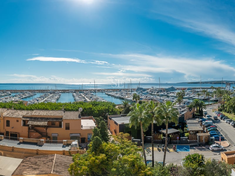 Vue d'en haut d'un port méditerranéen avec des yachts, des bâtiments en terre cuite et des palmiers sous un ciel bleu.
