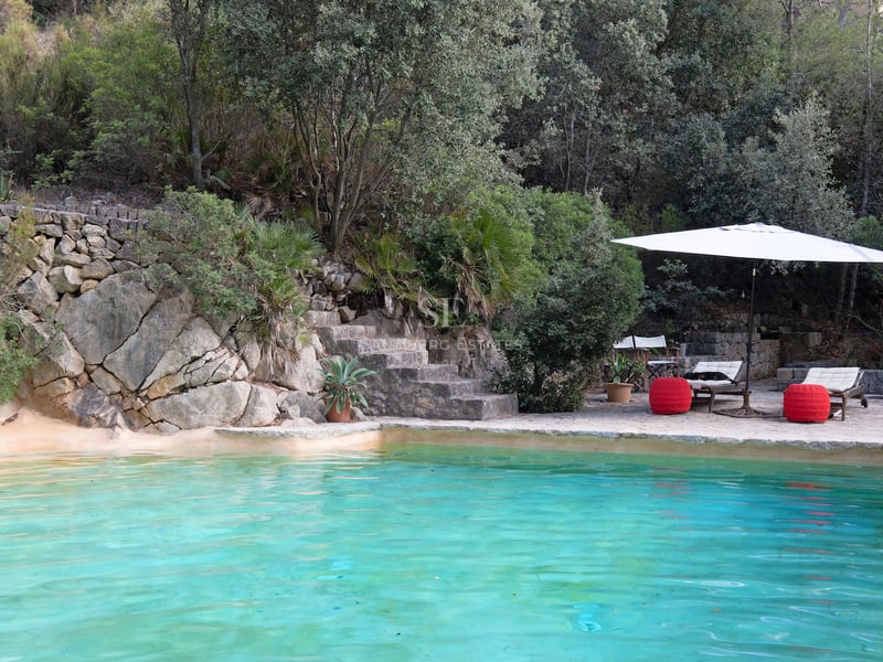 Piscine aux eaux turquoise nichée contre une paroi rocheuse naturelle avec des escaliers en pierre et une végétation dense.