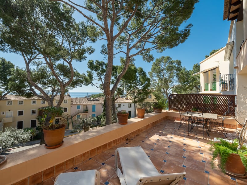 Terrasse en terre cuite avec chaises longues et table, surplombant des pins et la mer sous un ciel bleu.