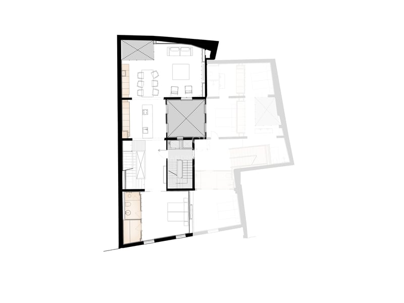 Plano técnico en 2D que muestra la distribución de una vivienda moderna con salón de planta abierta y dormitorios.