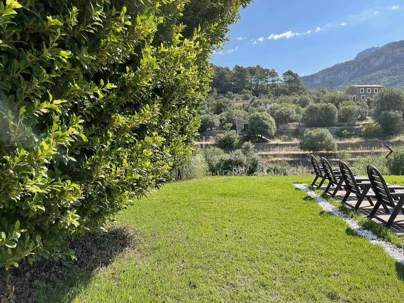 Pelouse verdoyante avec bains de soleil noirs offrant une vue sur des collines en terrasses et une maison en pierre.