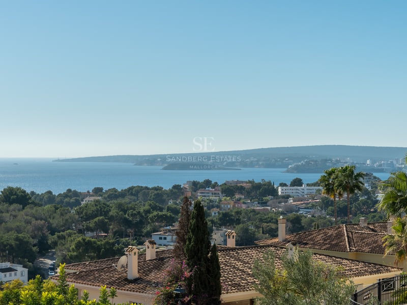 Vue panoramique sur une baie bleue, collines côtières, toits de villas en terre cuite et palmiers.