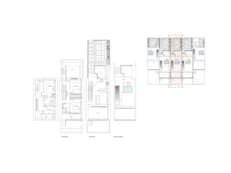 Architektonischer Grundriss über drei Ebenen mit Schlafzimmern, offenem Wohnbereich und Dachterrasse mit Pool.