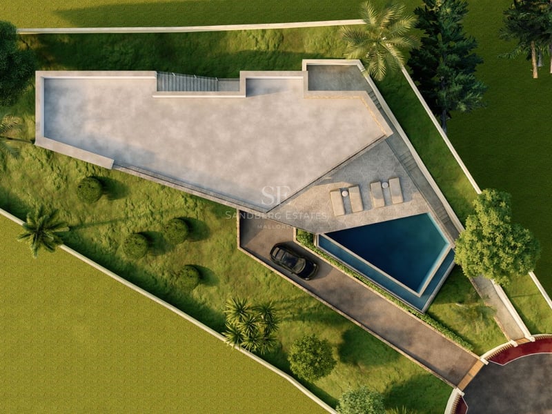 Vue extérieure d'une villa moderne avec piscine, entourée de végétation. Design architectural minimaliste et finitions de haute qualité.