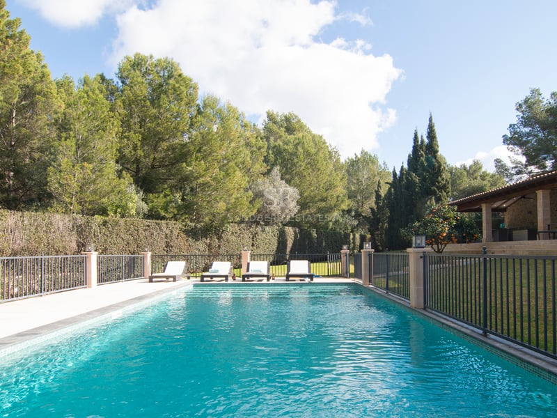 Piscine rectangulaire turquoise avec bains de soleil blancs, entourée d'une clôture noire et d'une forêt de pins.