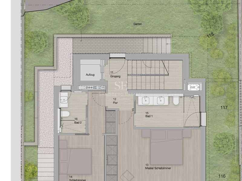 Plan d'architecte montrant deux chambres, des salles de bains et un grand jardin.