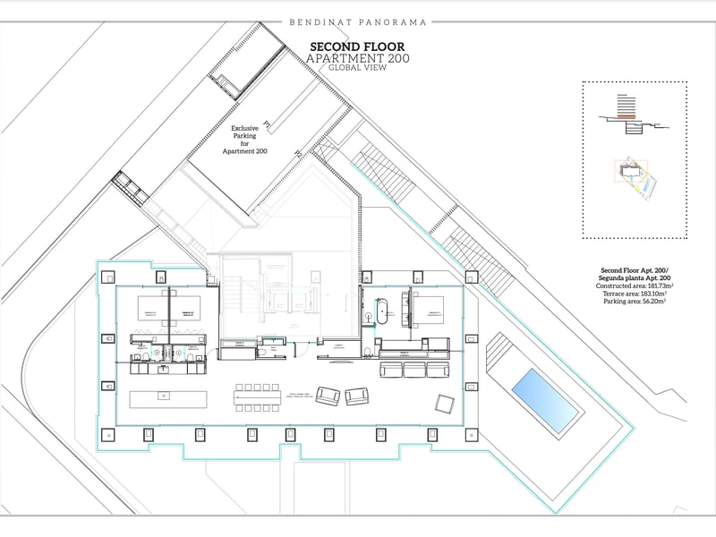 Plan architectural d'un appartement de luxe avec 3 chambres, immense terrasse et piscine privée.