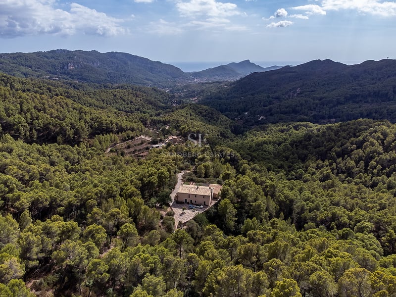 Vue aérienne d'une villa privée entourée d'une forêt verdoyante dans une vallée avec vue sur la mer au loin.