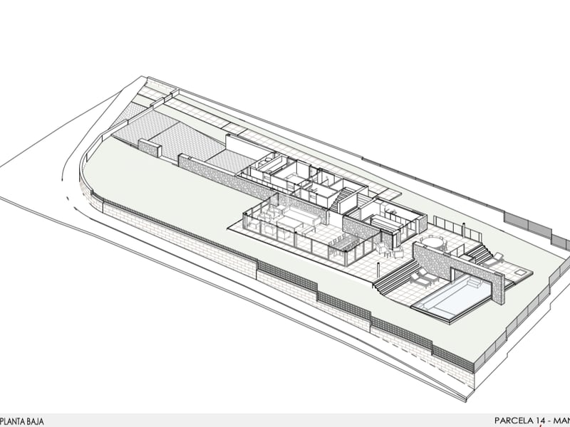 Plan d'étage isométrique 3D montrant l'agencement intérieur, les terrasses et la piscine d'une villa.
