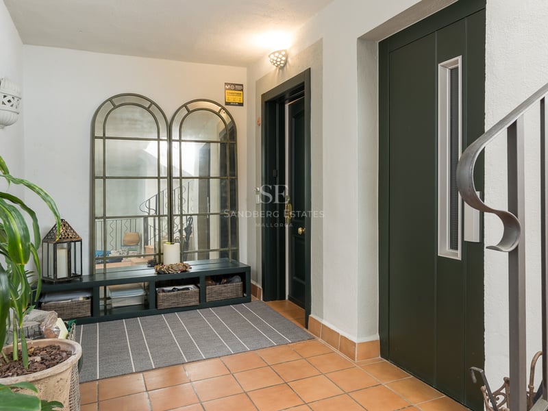 Entrée avec sol en terre cuite, grands miroirs cintrés, porte vert foncé et plantes vertes.
