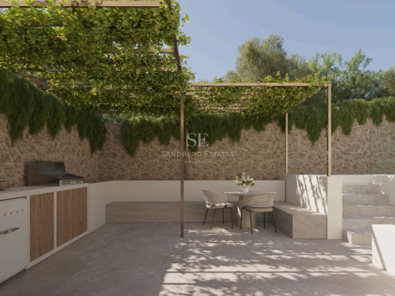 Patio moderne avec mur en pierre, plantes grimpantes sur pergola, coin repas intégré et kitchenette extérieure.