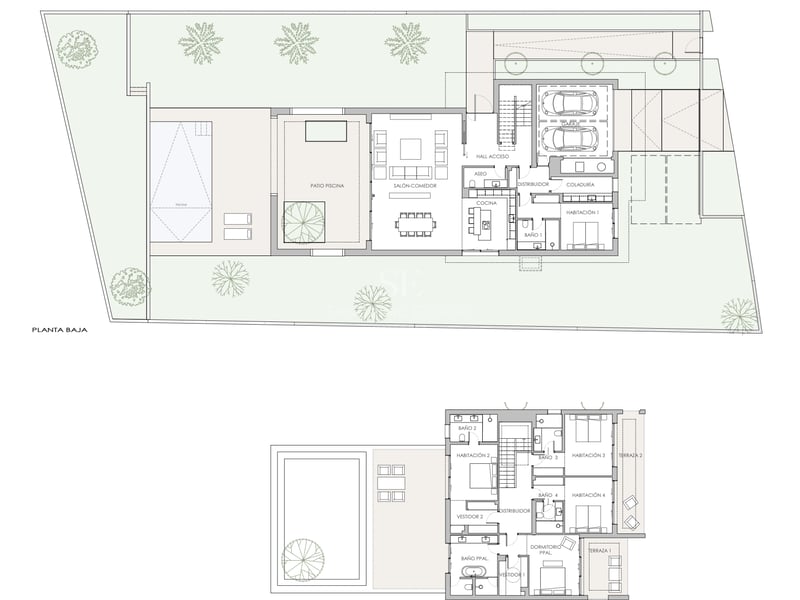 Plan architectural détaillé montrant l'aménagement de deux niveaux d'une villa de luxe avec piscine.