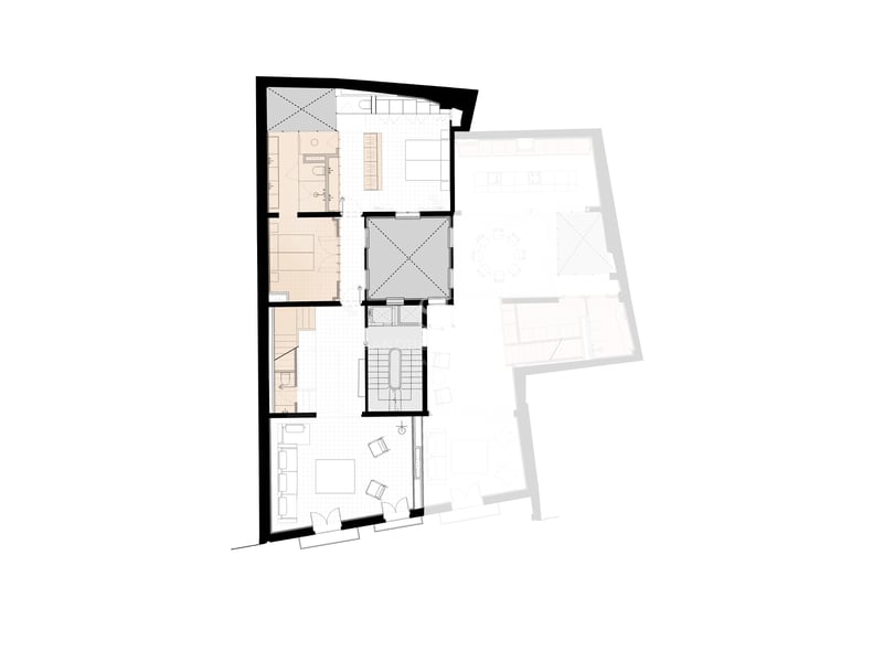 Plano 2D profesional que muestra la distribución de un apartamento de lujo con dormitorio, salón y patio central.