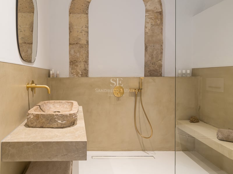 Salle de bain moderne avec une vasque en pierre brute, robinetterie dorée et douche à l'italienne vitrée.