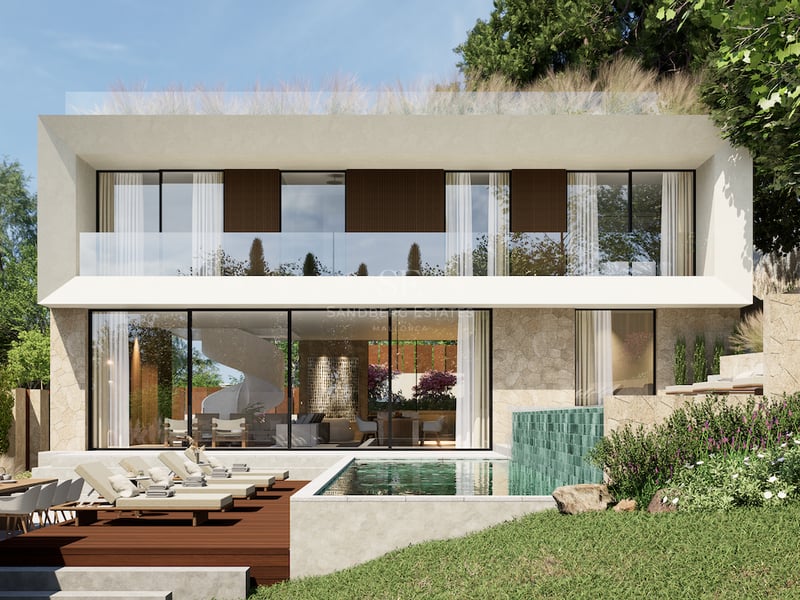 Façade d'une villa moderne avec piscine à débordement turquoise, terrasse en bois et grandes baies vitrées.