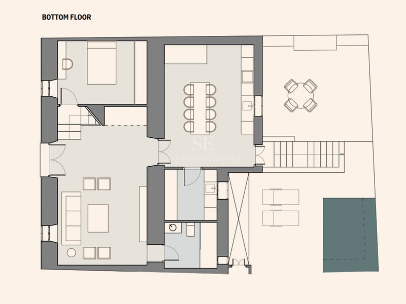 Plan d'architecte du rez-de-chaussée comprenant salon, cuisine, chambre, terrasse et piscine privée.