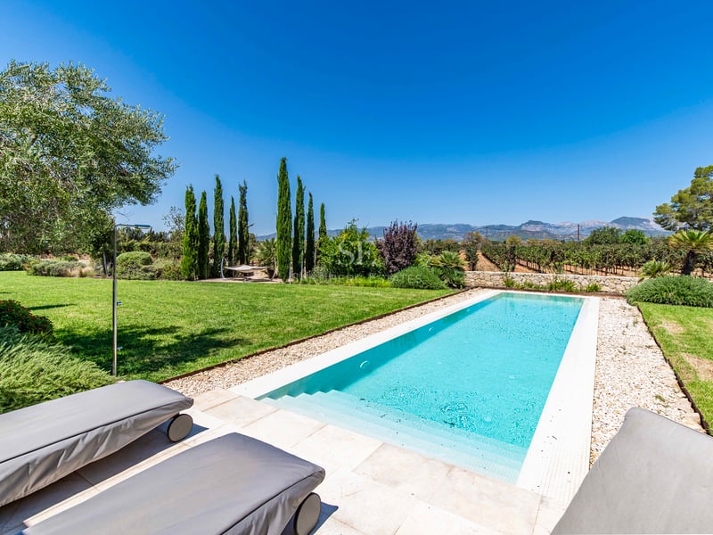 Piscine rectangulaire turquoise entourée d'une terrasse en pierre et d'un jardin avec vue sur les vignobles.