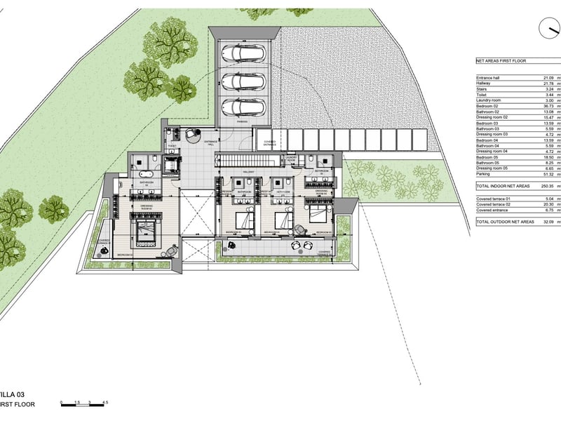 Plan architectural détaillé du premier étage de la Villa 03 montrant les chambres, salles de bains et terrasses.