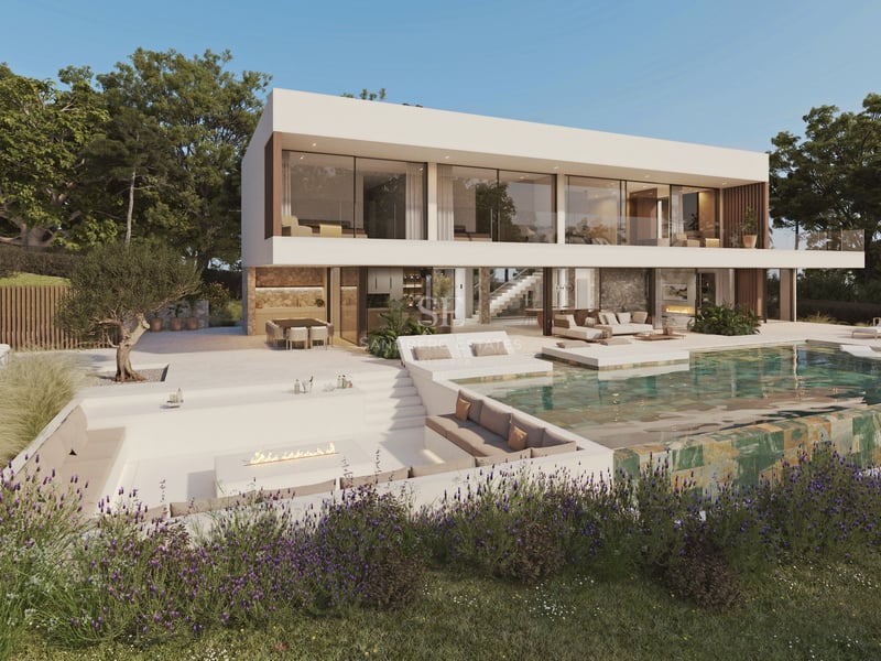 Villa blanche moderne avec piscine à débordement en pierre verte, foyer encastré et jardins luxuriants.